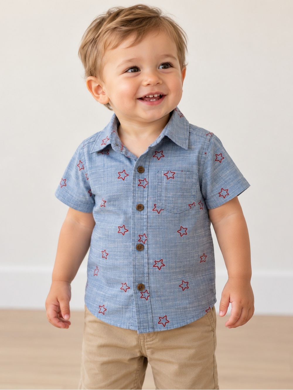 Cat & Jack Baby Boys 18M Blue Chambray Red Star Print Button-Up Shirt